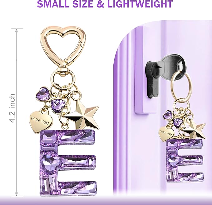 Cute Bling Keychain initial Letter Butterfly Star Pink Purple Gift for Women Girls Bag Cup Charms Accessories