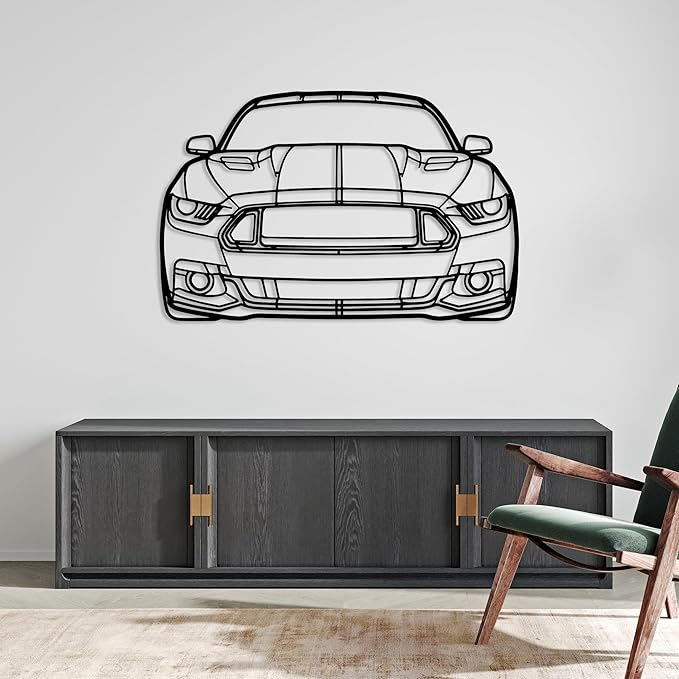 DecoSoul Mustang Metal Car Wall Art, Sports Car, Automotive Silhouette Line Decoration, Minimalist Sculpture for Garage, Indoor Outdoor Wall Hanging, Gift for Boyfriend (Black - 30 x 8.2” inch)