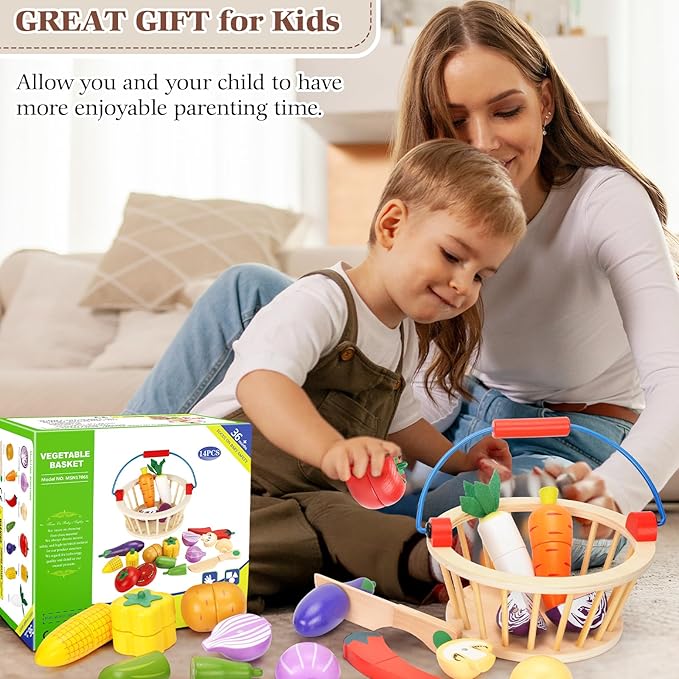 Victostar Magnetic Wooden Cutting Fruits Vegetables Food Play Toy Set with Basket for Kids