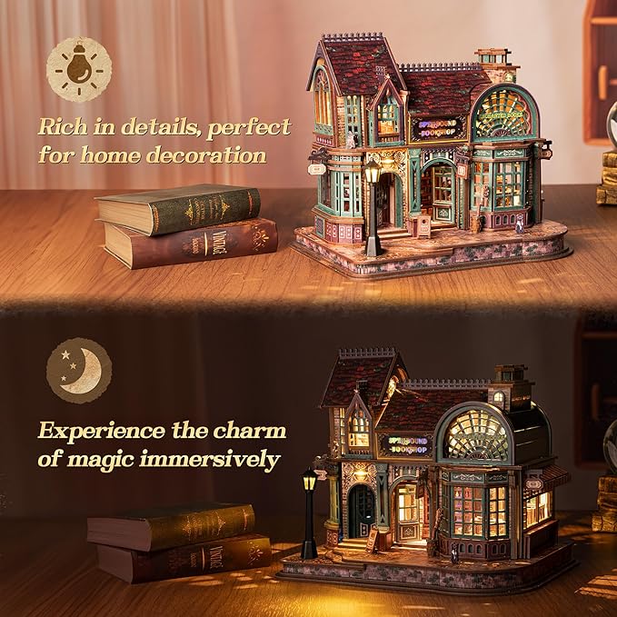 3D Wooden Puzzle Magic Bookstore with LED Lights - DIY Miniature Kit, Spellbound Bookshop, Home Décor Display, Creative Gift for Adults and Teens