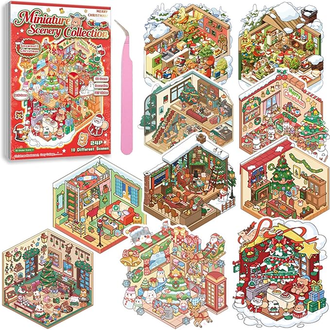Christmas Sticker Book Collection, 10 Sets 3D Christmas Stickers, DIY 3D Miniature House Stickers Collection Book, Make Gifts for Adults and Kids, Fun Simulated Scene Game for Girls