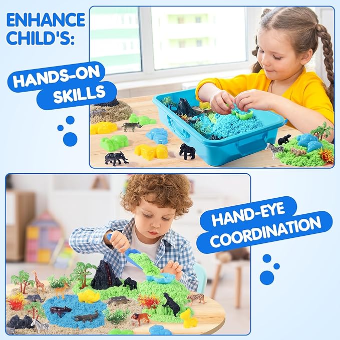 Billeeit Animal Sensory Bin Sand Toy, Play Sand Kit w/lid and 2.2lbs Moldable Sensory Sand, Molds, Tools, Map Set 35pcs Total, Fun Gift for Kids 3+