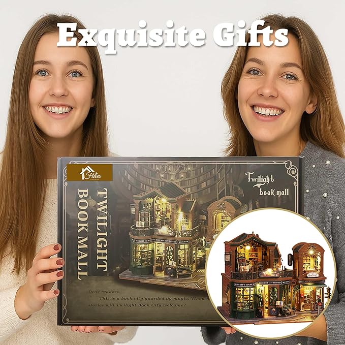 Flever Dollhouse Miniature DIY House Kit Creative Room with Furniture and Glass Cover for Romantic Artwork Gift (Twilight Bookmall)