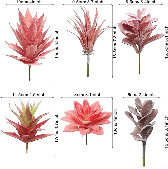 Woohome 20 PCS Artificial Succulent Plants, Red Fake Succulent, Unpotted Faux Succulent Assortment in Flocked in Different Type for Birthday Home Decor Indoor Wall Garden DIY