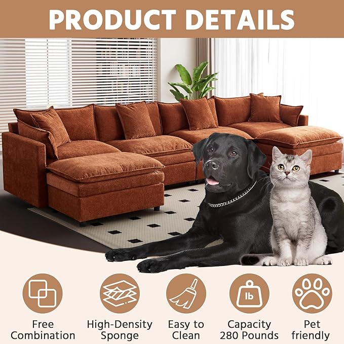142" Modular Sectional Sofa with 2 Ottomans, 6-Seat Modern Chenille Cloud Couch, Convertible U/L-Shaped Sleeper Sofa with Double Cushions & 4 Lumbar Pillows for Living Room, Apartments and HomeTheater