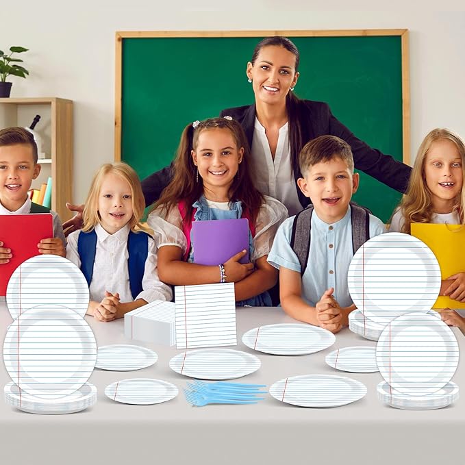 96Pcs Back to School Party Decorations Paper Handwriting Notebook Tableware First Day of School Plates Napkins Graduate Party Supplies for Kindergarten Teacher School Season Supply Serves 24 Guests