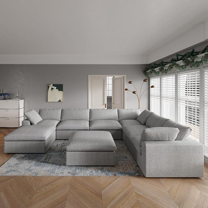 JACH 160" Cloud Sectional Couch, Overzised Down Filled Couch, 8 Seater Convertible Modular Cloud Sofa for Living Room, Minimalist Deep Seat Modern Couches,Sofa Cover Removable, Grey