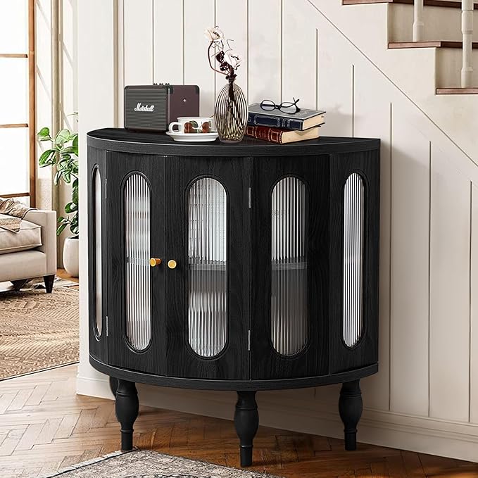 31'' Sideboard Buffer Cabinet with Storage, Semi-Circle Modern Accent Storage Cabinet with Wooden Finish & Acrylic Doors, Console Table for Living Room Entryway Hallway (Black)