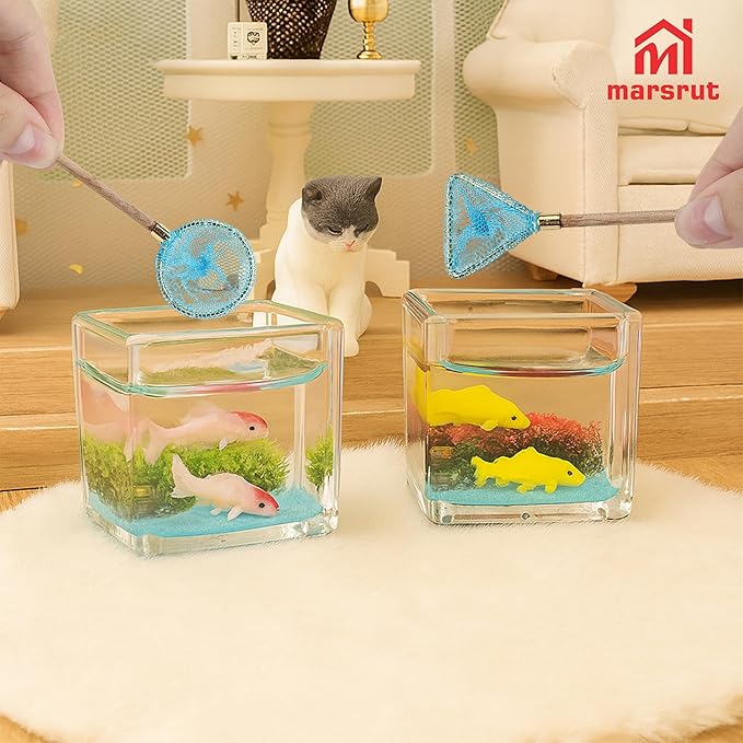 1 Set Miniature Fishing Rods and Fish Net Set for 1:12 Scale Dollhouse Decoration, Mini Fairy Garden Micro Landscape Furniture Accessories, Beach Pond House Decor Crafts with Fishing Pole Gear Models