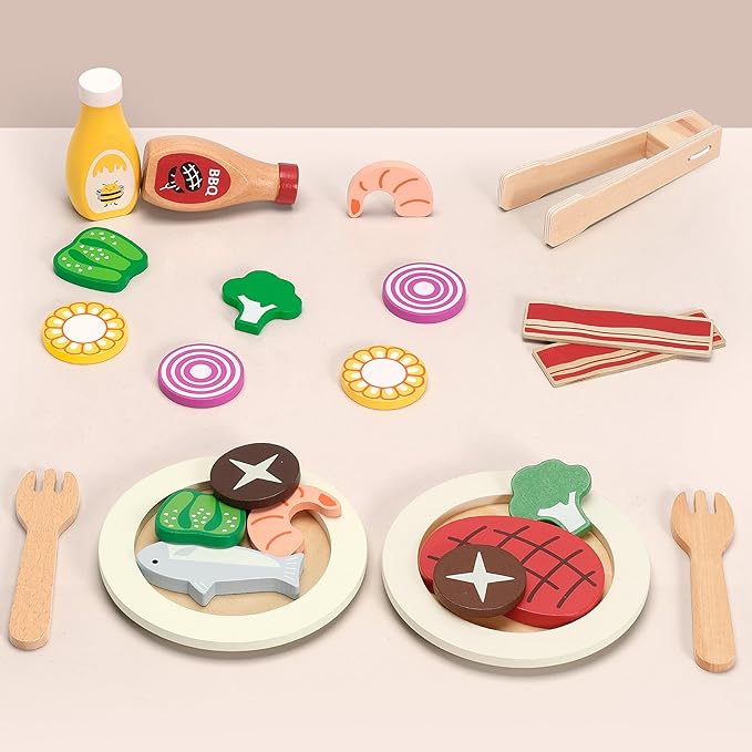 Pillowhale Wooden Play Food for Kids Kitchen - 24 Pcs Montessori Pretend Play Kitchen Accessories, Educational Learning Toys with Toy Fruits, Vegetables & Meat, Gift for Boys Girls Ages 3-6