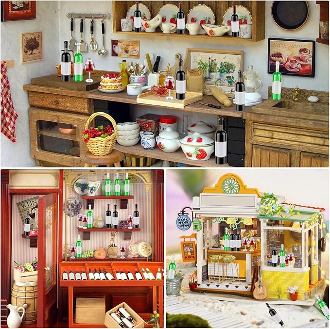 48Pcs Mini Wine Bottles, 1:12 Scale Miniature Red Wine Bottle, Dollhouse Miniature Bottles, Mini Cocktail Glasses Drink Cups for Dollhouse Kitchen Decoration Accessories