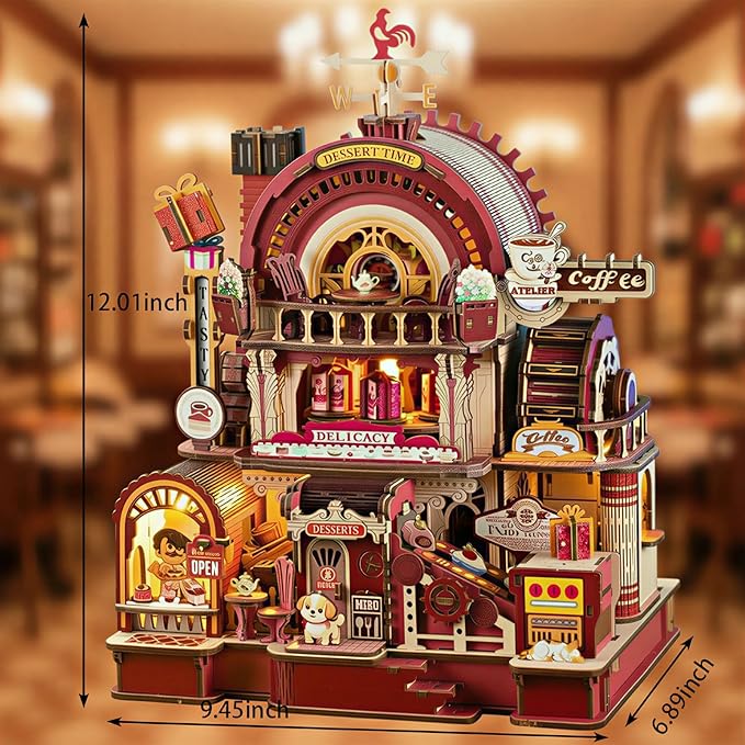 DIY Miniature House Kit - 3D Wooden Puzzle Miniature Kit with LED Light & Movable Dessert Workshop, Book Nook Tiny Model Mini House Building Kit for Adults, Teens, Adults Craft Kits
