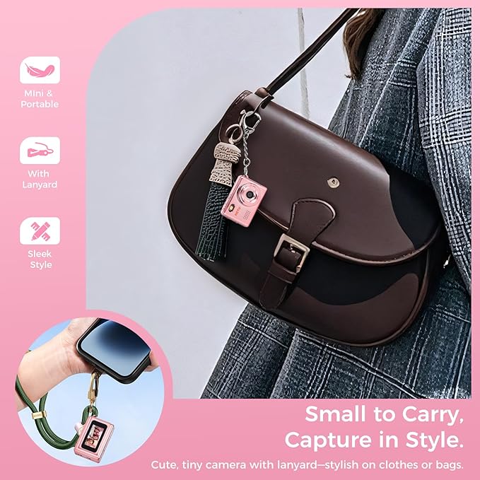 HOTU Mini Keychain Digital Camera, Y2K Pocket-Size Mini Camera, 2MP 1080P Small Camera with 32GB Card, Video Recorder with Long Battery Life for Travel, Party and Vlog (Rose Gold)