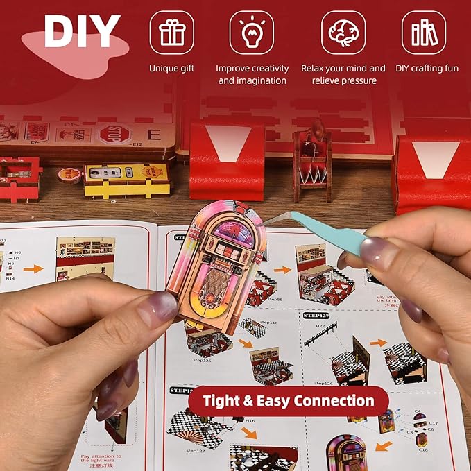 Book Nook Kit - DIY Miniature House Dollhouse Kit for Adults and Teens, Booknook Retro Diner Bookshelf Decor 3D Wooden Puzzle with LED Light, Gifts for Family and Friends (1950s Diner)