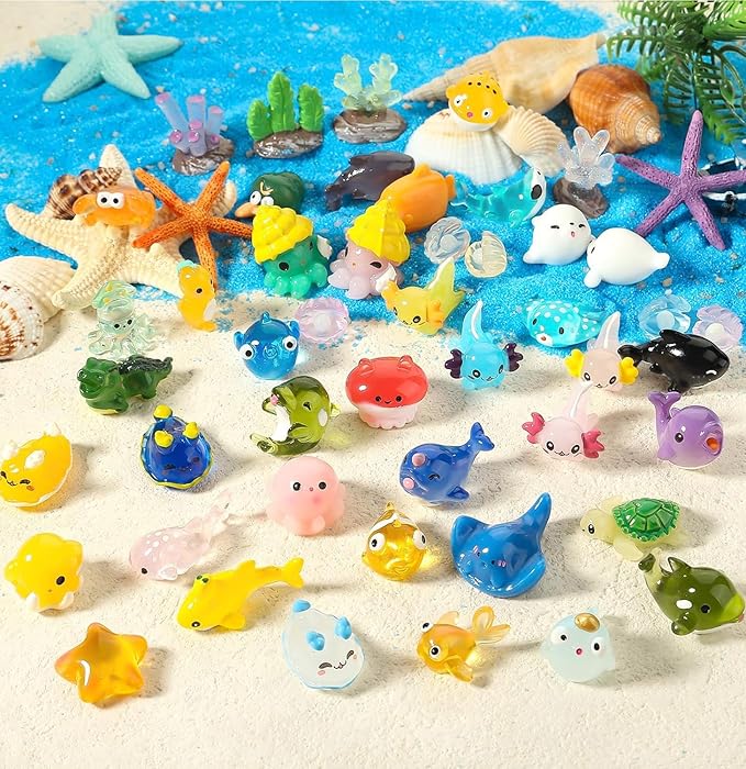 48pcs Mini Ocean Resin Animals Tiny Sea Animals Figurines Marine Miniature Plastic Aquarium Ornaments Decorations for DIY Fish Tank Potted Micro Fairy Garden Dollhouse Accessory