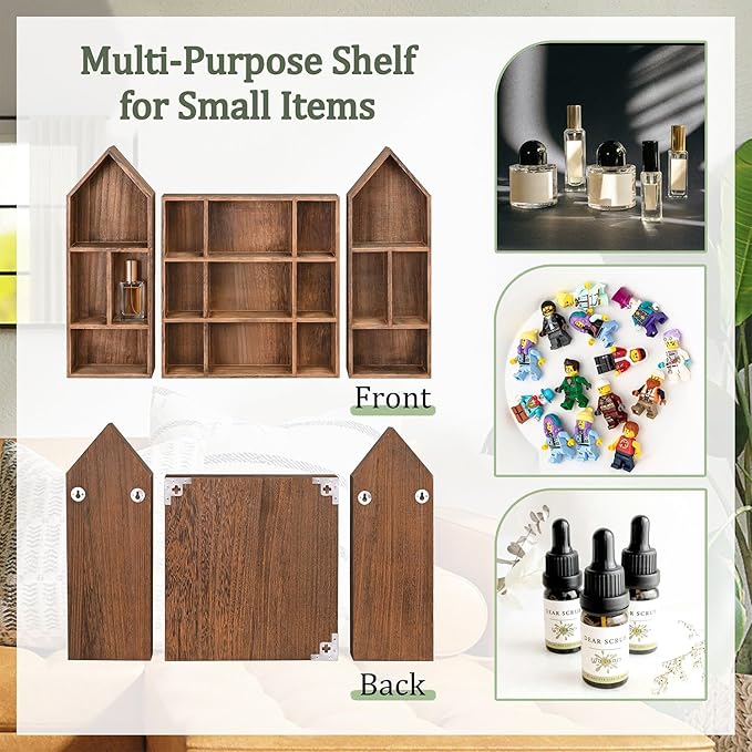 Ikee Design 3 Pcs Set Wooden Shadow Cubby Box Display Shelf Organizer Storage Shadow Box for Collectibles, Mini Figures, 17 compartments, Brown Color, 22.8W x 2.4D x 15.7H in