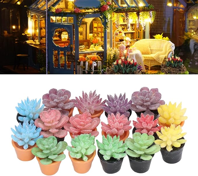 Dilwe 16Pcs Dollhouse Potted Plants, Mini Succulents Plants for Dollhouse Decoration, Resin 1:12 Scale Lifelike Appearance Colors Miniature Bonsai Plant Mini Potted Plant Flower Model