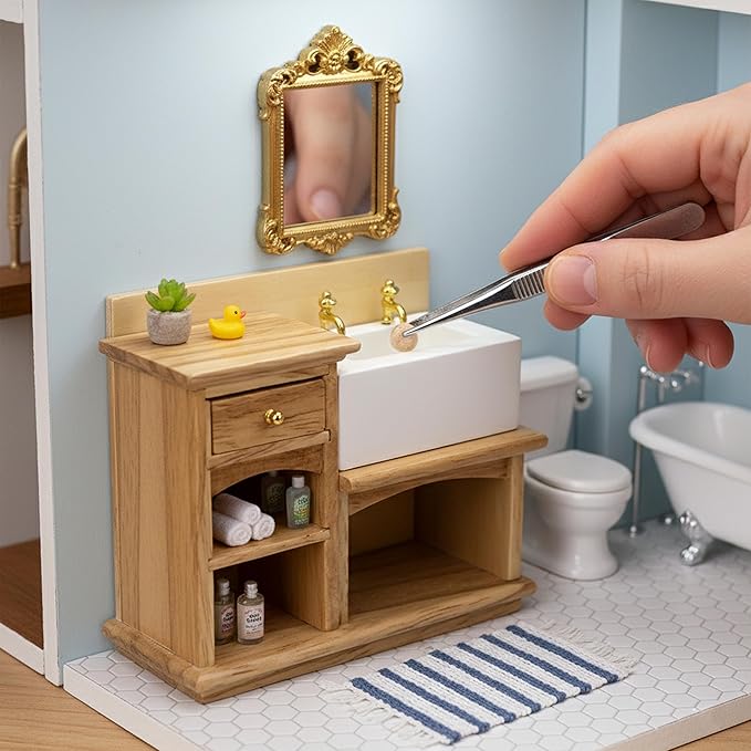 Dollhouse Sink 1/12 Scale Miniature Furniture Bathroom Mini Kitchen Sink with Cabinet Set Dolls House Wooden Accessory Doll Farmhouse Accessories