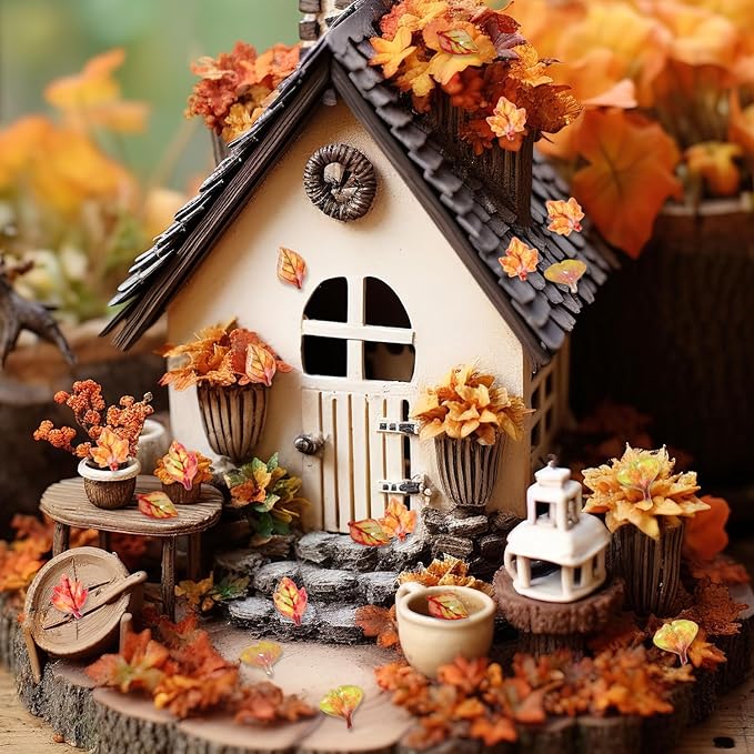 210pcs Mini Fall Leaves, 5 Styles Resin Funny Miniature Leaves for Crafts Small Tiny Resin Autumn Decoration Supplies Suitable for Vase Filler Micro Landscape Garden Decor
