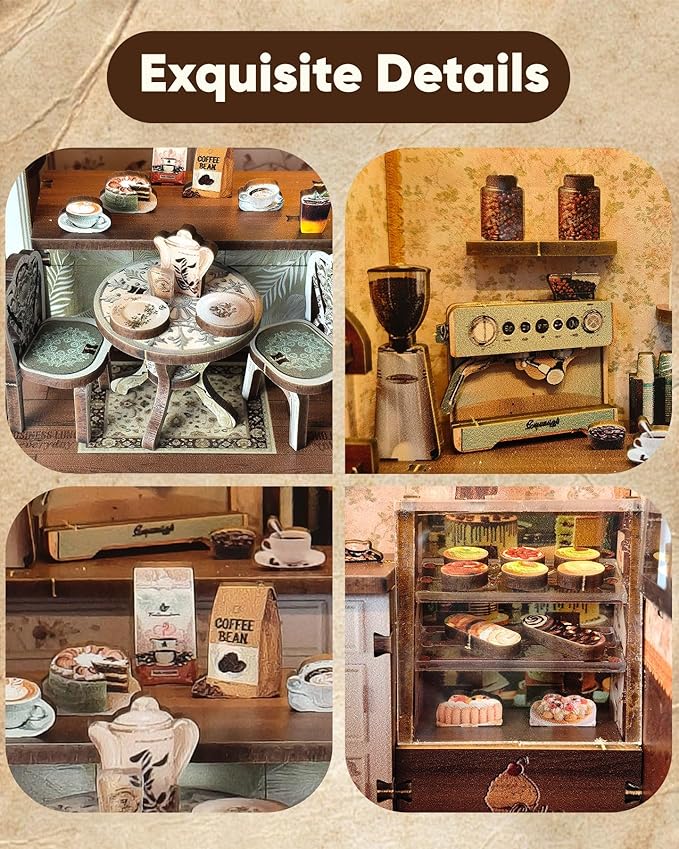 DIY Miniature House Kit – Mini Dollhouse Kit with LED for Beginners Adults, Book Nook Model Building Craft Diorama Kits Ideal Christmas Birthday (Coffee Shop)