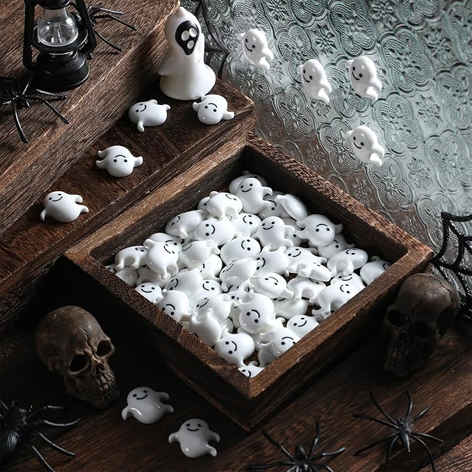Giegxin 60 Pcs Halloween Miniatures Ghost Charms Flatback Mini Ghost Decoration Small Artificial Halloween DIY Craft for Party Dollhouse Hair Clips Vase Fillers Accessories(White,1.1inch)
