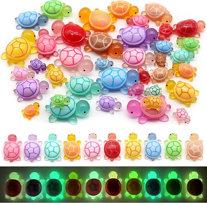 Anvin 40 Pcs Miniature Turtles Glow in The Dark Turtle Figurines Set Cute Resin Tortoises in 4 Sizes & 10 Vibrant Colors- Perfect for Fish Tank, Dollhouse, Aquarium, Fairy Gardens, Unique Gifts