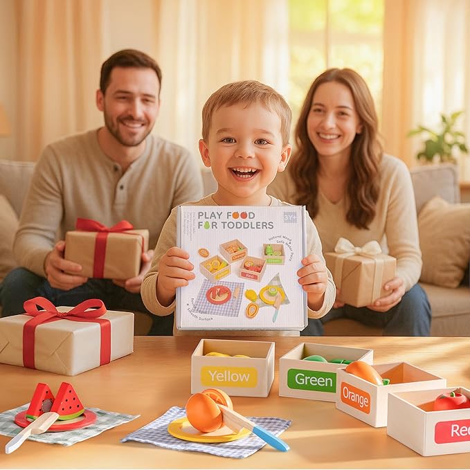 ROBOTIME Play Food Toys for Kids, Pretend Wooden Toy Food with Cutting Fruit Toys, Knife, Plate, Napkin and Fruit Sorting Storage Box, Play Kitchen Accessories, Color & Fruit Recognition for Kids 3+