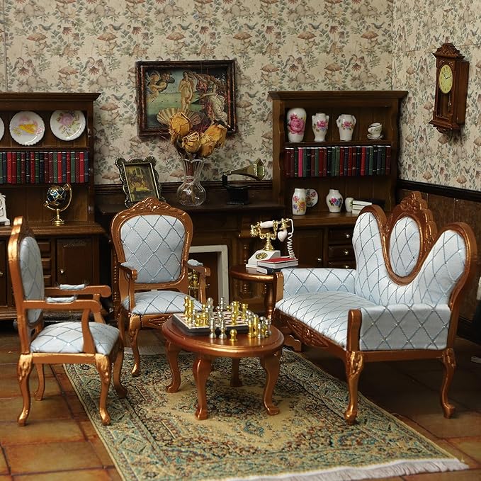 iLAND Victorian Dollhouse Furniture Set, Doll House Furniture and Accessories, Miniature Dollhouse Sofa with 1/12 Scale Accessories 8pcs, Mothers Gift, Wife Gift, Bookshelf Décor (Gold & Blue)