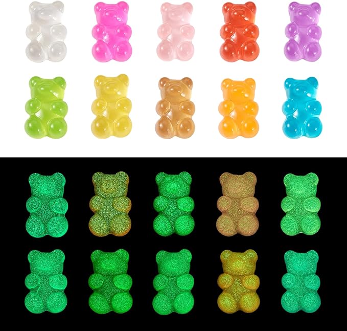 Beadthoven 90pcs Luminous Gummy Bears Beads Flatback Buttons No Hole Glow in The Dark Bear Resin Charms for Jewelry Making DIY Crafts Earrings Ring Hair Clip Accessories Decoden Phone Case Decoration