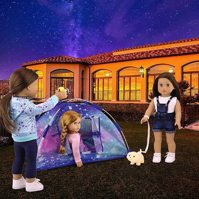 Ecore Fun 5 Items 18 inch Dolls Camping Tent Set and Accessories Including 18 Inch Girl Doll Tent, Sleeping Bag, Backpack, Toy Camera and Dog