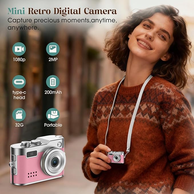 HOTU Mini Digital Camera, Keychain Camera 1080P HD with 2MP Lens, Flash, Video Recording, 32G Card Included, Portable and Compact Retro Vlog Camera for Travel, Kids, Pink