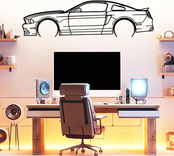 DecoSoul Mustang Metal Car Wall Art, Sports Car, Automotive Silhouette Line Decoration, Minimalist Sculpture for Garage, Indoor Outdoor Wall Hanging, Gift for Boyfriend (Black - 55 x 15.1” inch)
