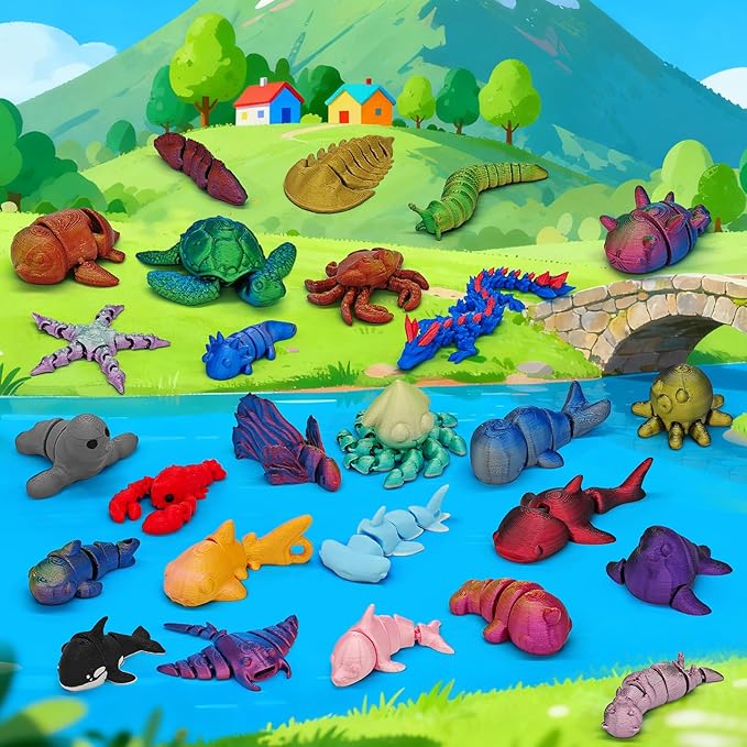 26Pcs 3D Printed Ocean Animals Set, Mini Animals 3D Printed Toys, Ocean Animal Figurines Toys, Fidget Articulated Flexible Toy for Party Favors Birthday Gifts Office Desktop Christmas Decoration