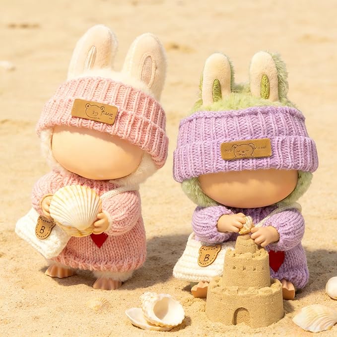 2 Sets 17cm Doll Clothes (6 Pieces), Handcrafted Crochet Doll Clothes for Fashion Designer Collection with Hats & Sweater & Mini Bag (Pink & Purple)