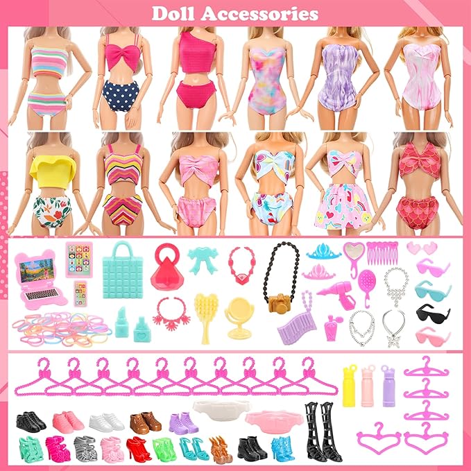 BARWA 70 Pack Doll Clothes and Accessories 5 Wedding Gown Dresses 9 Fashion Dresses Slip Dress 3 Tops 3 Pants 2 Swimsuits Bikini 16 Shoes 15 Hangers and 63 Accessories for 11.5 inch Doll