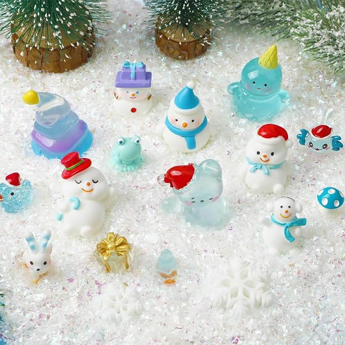56Pcs Mini Winter Resin Figurines,Miniature Blue Snow Globe Figures Tiny Snowman Penguin Snowflake Duck Elk Christmas Tree for DIY Crafts Fairy Garden Home Decor