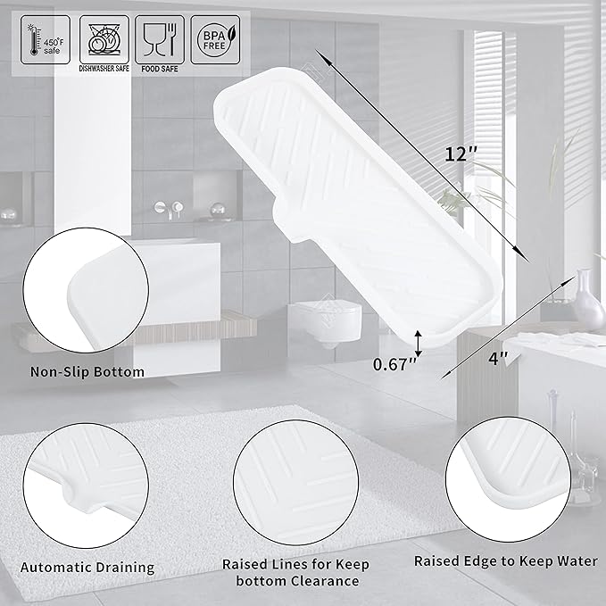 MicoYang Silicone Bathroom Soap Dishes with Drain Spout-Bathroom and Kitchen Sink Organizer,Sponge Holder,Dish Soap Tray,Perfect for Dispenser,Scrubber,Bottle,Cup on Sink or Counter-White 12"×4"