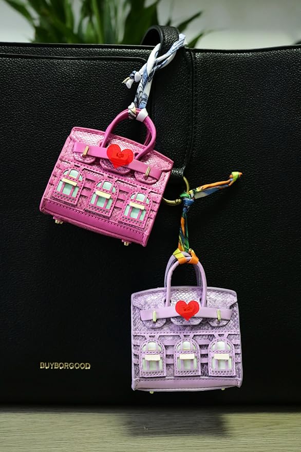 Buyborgood Women's 2 PCS Mini Tote Bag Charms Keychain Pouch Small Coin Purse Wallet (Rose + Purple)