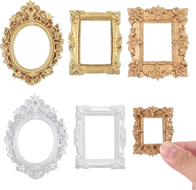 5 Pcs Miniature Dollhouse Mirror Set with Carved Golden Edges, European Style Victorian Baroque Wall Decor for 1/12 Scale Dollhouse Display, Mini Furniture Accessory Gold, White, Silver