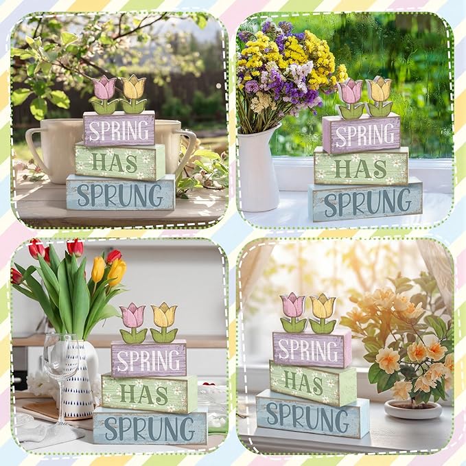 Moucuny 4 Pcs Spring Table Decor Wood Floral Decoration Tulip Centerpiece Spring Tiered Tray Decor Decorative Colorful Flower Block Signs Gift Farmhouse Decoration for Home Kitchen
