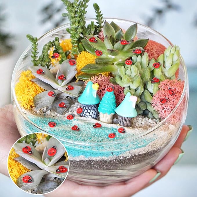 200pcs Mini Resin Ladybug Decor Tiny Ladybug for Crafts Dollhouse Miniatures Mini Resin Things Animals for Fairy Garden Micro Landscaping Home Decoration, 2 Types(0.32*0.4inch & 0.3*0.36inch)