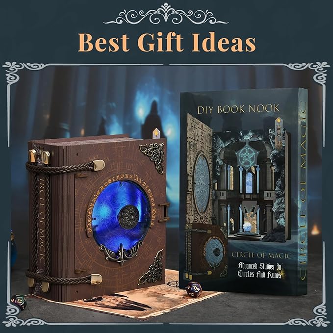 Book Nook Kit, DIY Miniature Dollhouse Magic Booknook Kit, 3D Wooden Puzzle Bookend Bookshelf with LED Light for Adults Teens (Circle of Magic)