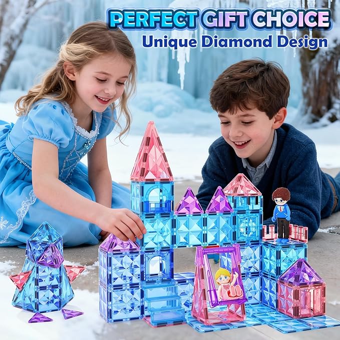 Coodoo Diamond Magnetic Tiles & Building Blocks — Princess Toys for Girls & Boys, Toddler Girl Gifts, 3 4 5 6 Year Old Gifts, Toys for Ages 3-8, 3 Year Old Birthday & Xmas Present