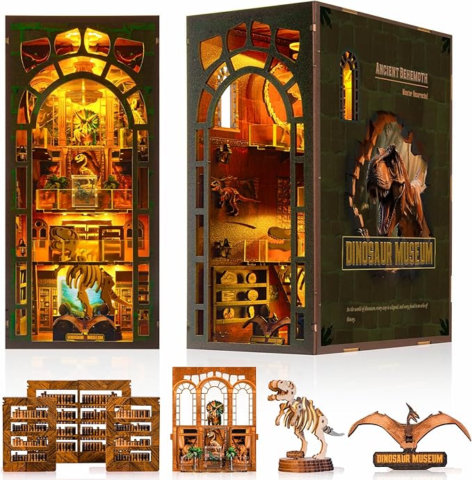Book Nook Kit - DIY Booknook with LED Lights - 3D Wooden Puzzle for Adults - Bookshelf Insert Decor - Educational Gift for Family & Friends（Dinosaur Museum）