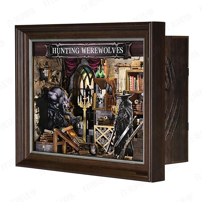 Book Nook Kit-3D Wooden Puzzle with LED Switch Control & Wall-Mountable Frame,DIY Miniature House for Beginners,Bookshelf/Tabletop/Wall Decor for Craft Lovers,Dollhouse Gift,Hunting Werewolves
