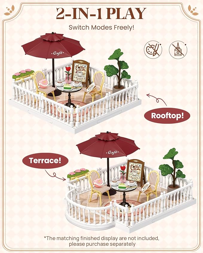 Rolife Super Creator Accessories Chic Café Terrace, Tiny House Building Blocks for Little Dolls, DIY Plastic House Model Building Kits for Teens, DIY Crafts/Hobbies for Adults (Chic Café Terrace)