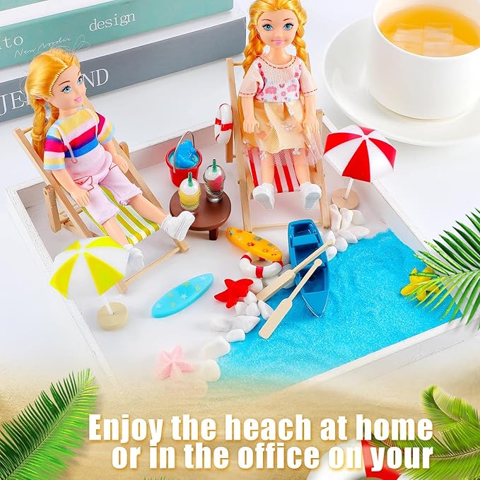 Minatee 25 Pcs Beach Miniature Dollhouse Decoration, Umbrella Palm Chair Miniature Toys Garden Dollhouse Outdoor Accessories Beach Decorations for DIY Garden Plant Pool(Red, Yellow)