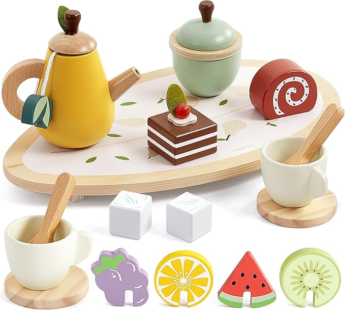 PairPear Wooden Tea Party Set for Little Girls, Kids Tea Sets for Toddler 3-5, 20pcs Pretend Play Fruit Tea Playset Kitchen Accessories Wooden Toys Food for Christmas Birthday