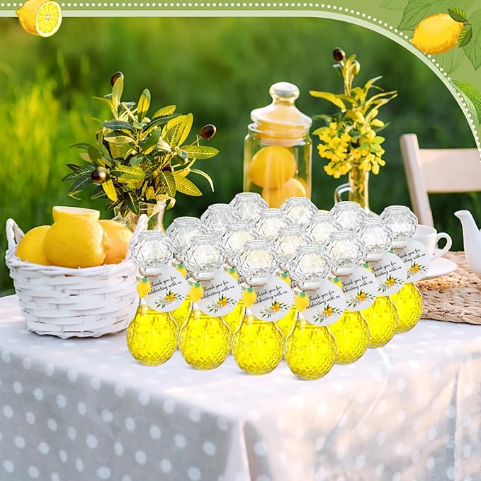 Chuangdi 16 Sets Mini Limoncello Glass Bottles Limoncello Bottles with Labels 1.7 oz Lemon Pendants Lemon Party Favors for Homemade Brewing Wedding Baby Shower Gifts(Classic)