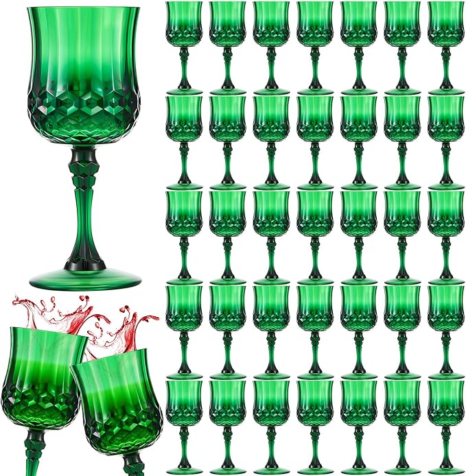 Pinkunn 50 Pcs 7 oz Plastic Vintage Wine Glasses Reusable Colored Goblets Patterned Drinking Water Glasses Cup Dishwasher Safe for Valentine's Day Wedding Reception Party Supplies (Green)